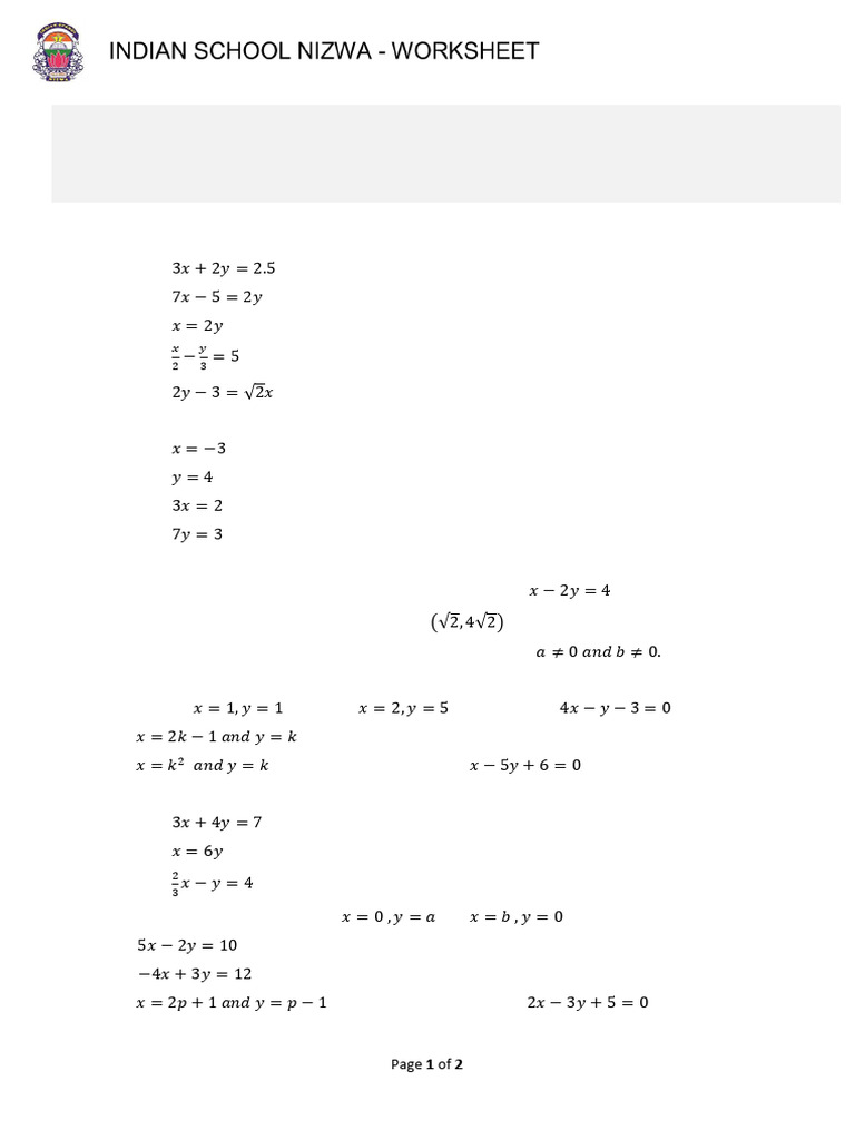 Class 9 Coordinate Linear Equation in Two Variables Maths Worksheet ...