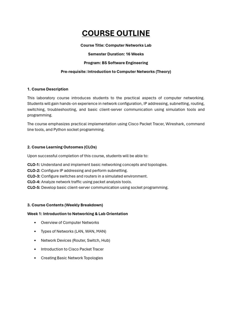COURSE OUTLINE (Computer Network) | PDF | Ip Address | Computer Network