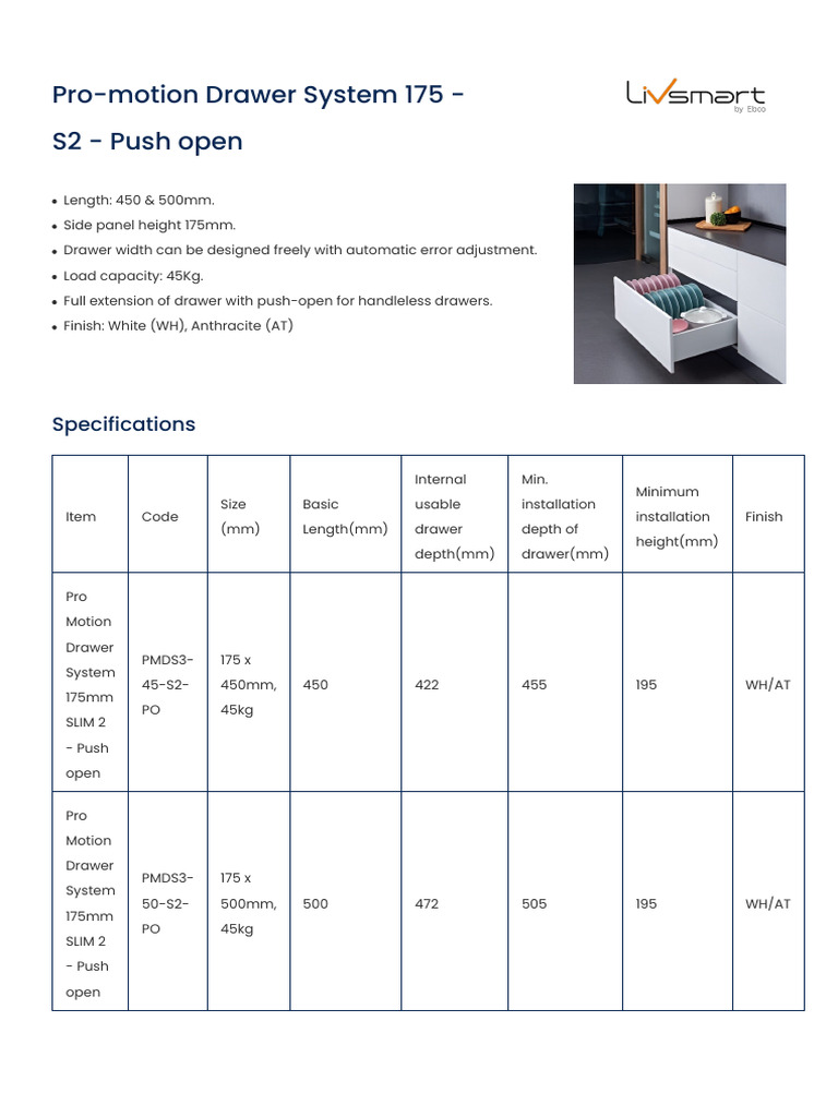Ebco Pro-Motion Drawer System 175 - S2 - Push Open | PDF