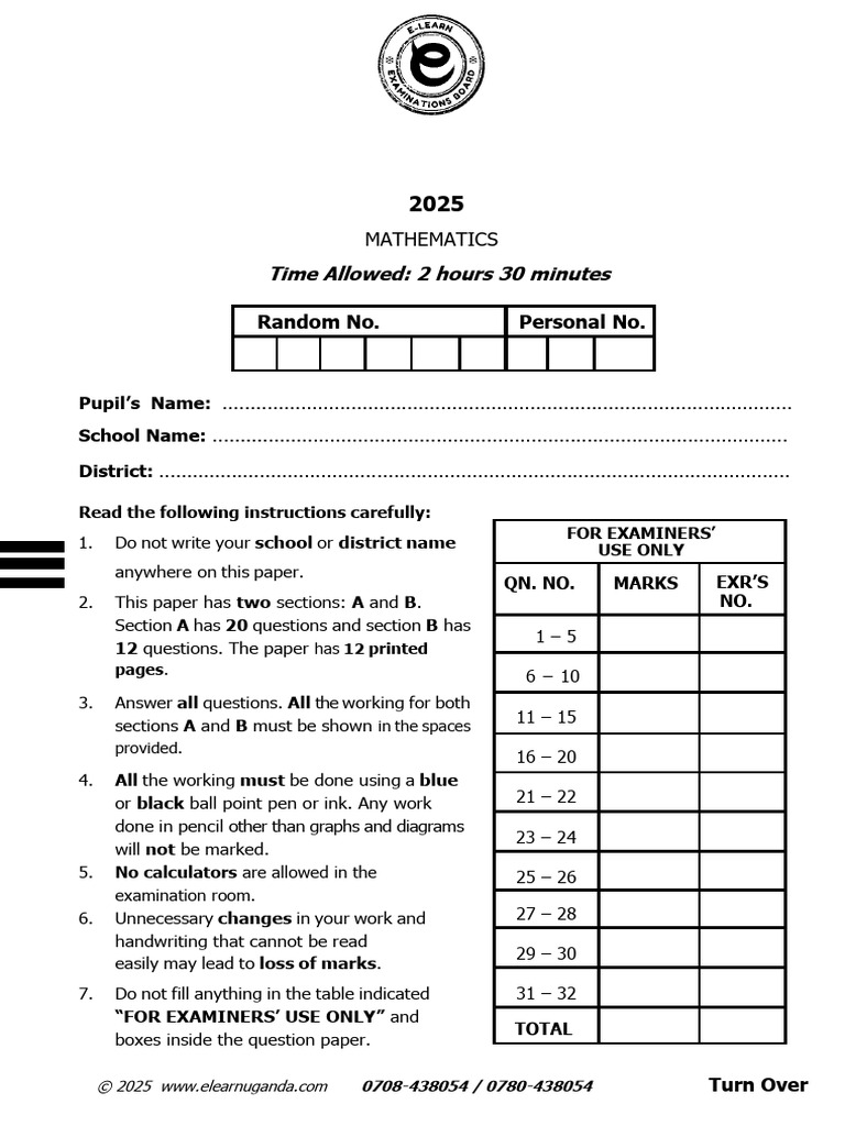p.4 Mid Term One Examinations 2025 Mathematics e Learn | PDF | Mathematics