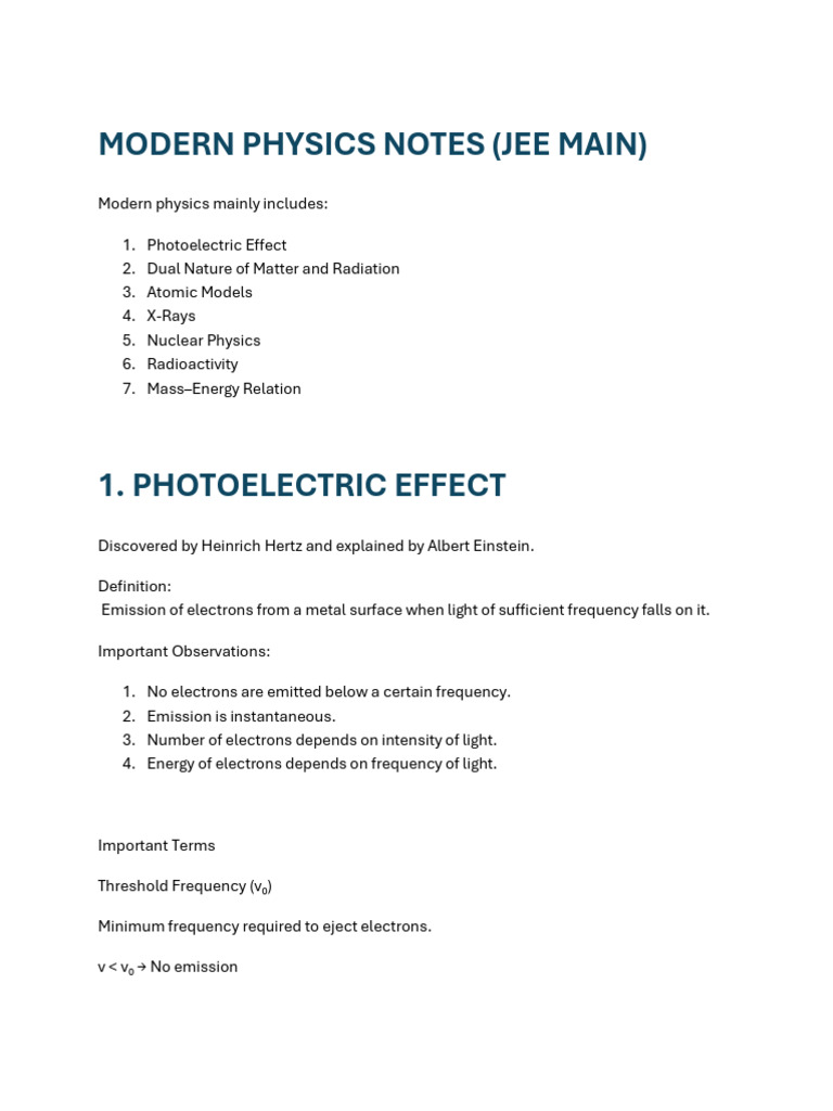 Modern Physics - JEE Mains Notes | PDF | Photoelectric Effect ...
