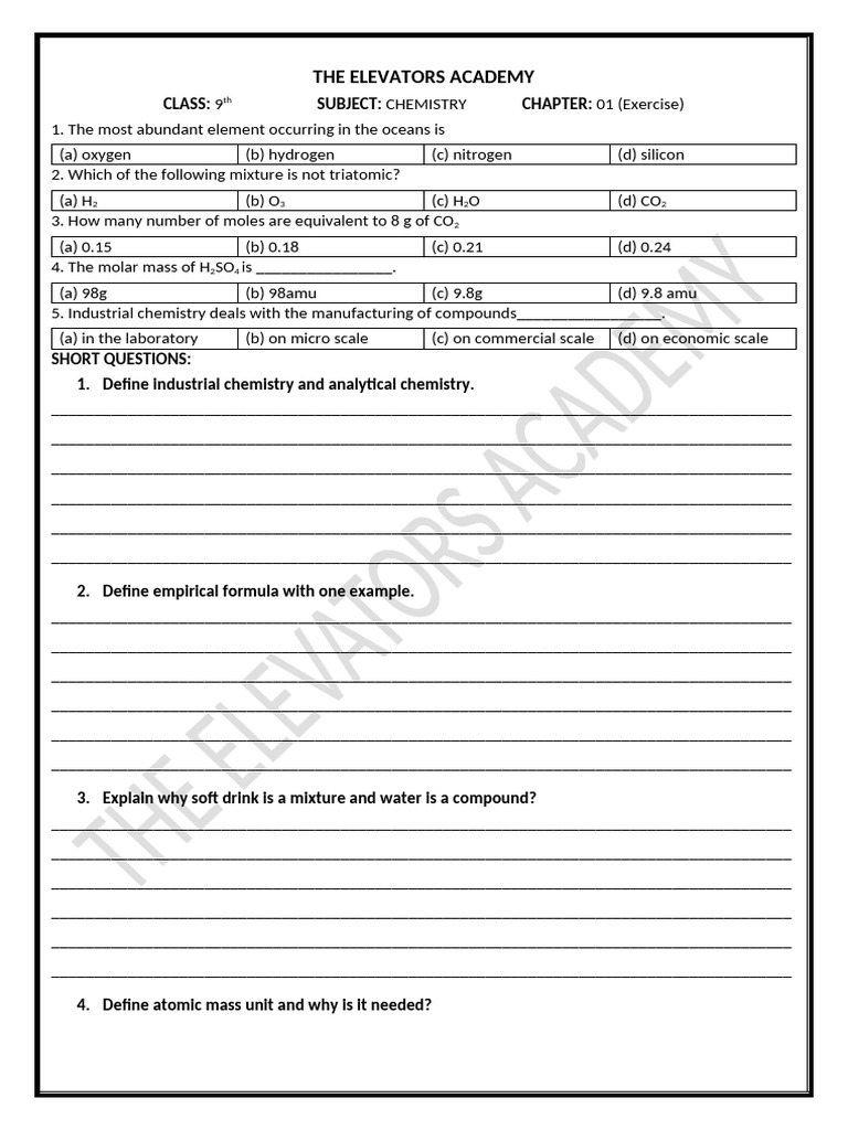 CH 1 (EXERCISE ) | PDF | Chemistry | Mole (Unit)