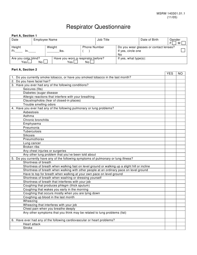 Respirator Questionnaire Part A, Section 1 PDF Cough Lung