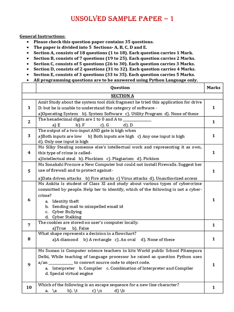 Sample Practice Paper For CS 2026 - XI | PDF | Control Flow | Computer ...