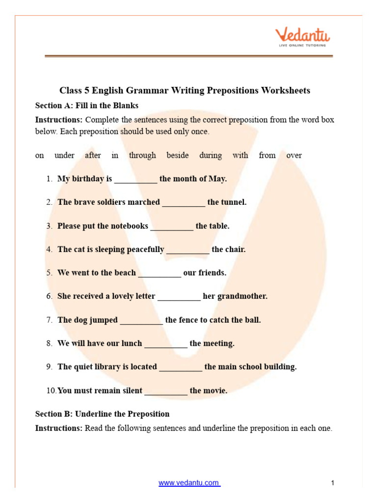 Class 5 English Grammar Writing Prepositions | PDF | Chess Theory