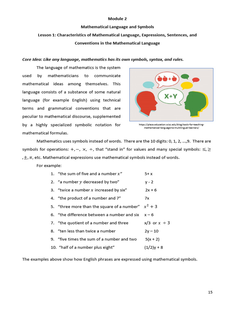 Module 2 Mathematical Language and Symbols | PDF | Set (Mathematics ...