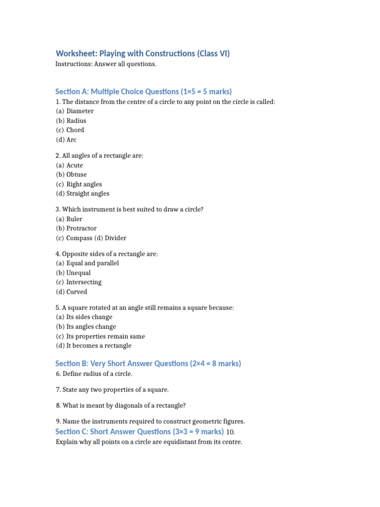 Playing With Constructions Worksheet Class 6 | PDF