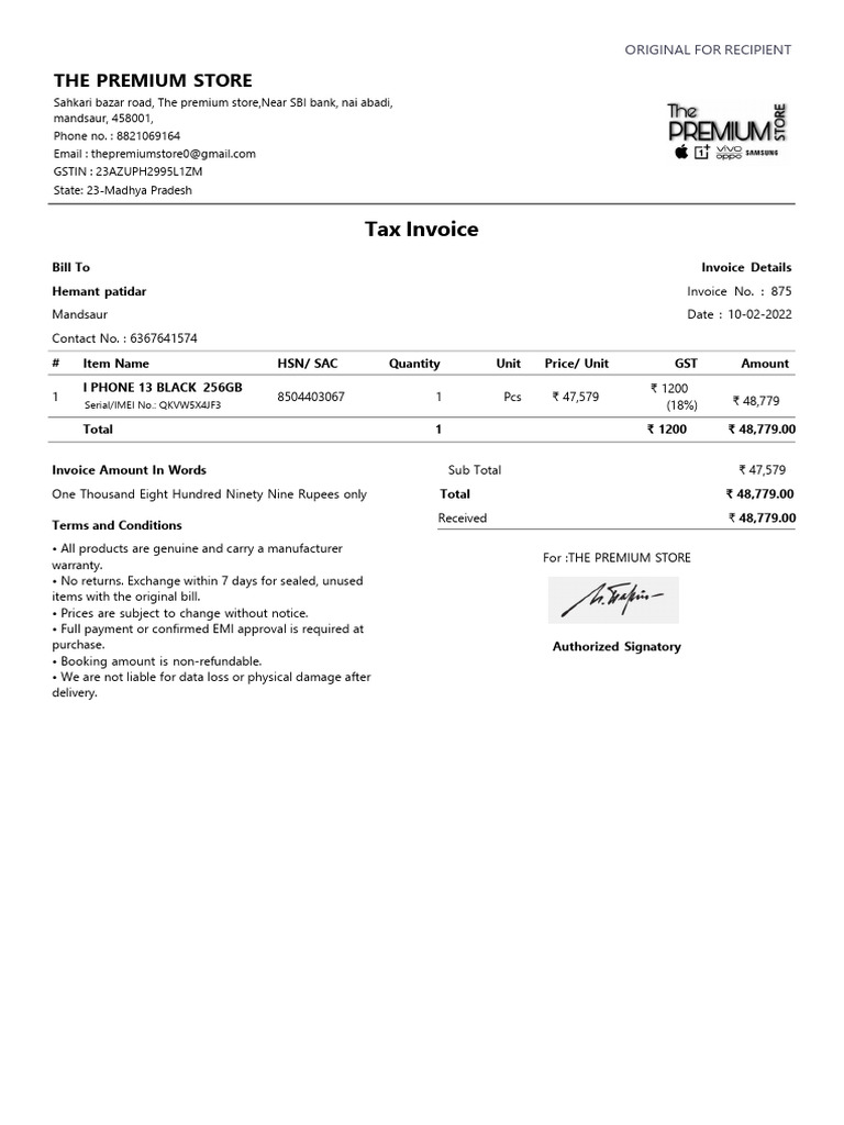 Tax Invoice 320 10-02-22 Original | PDF