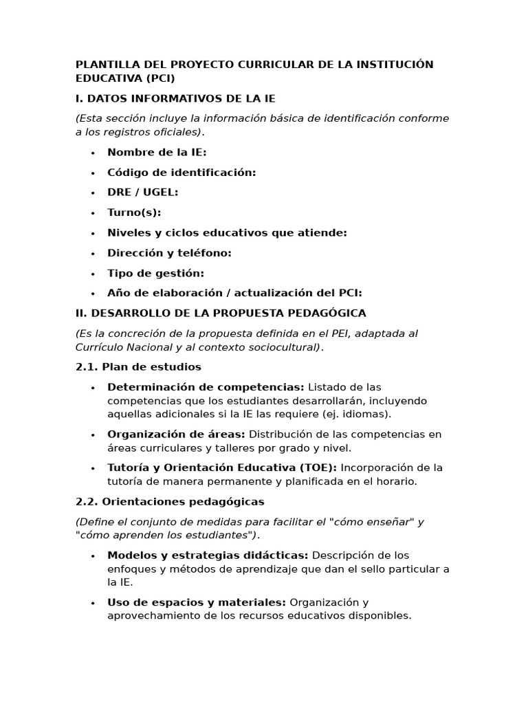 Plantilla Del Proyecto Curricular de La Institución Educativa | PDF ...