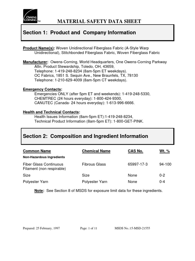 Fiberglass MSDS by Owens Corning (TM) PDF Fiberglass Dangerous Goods