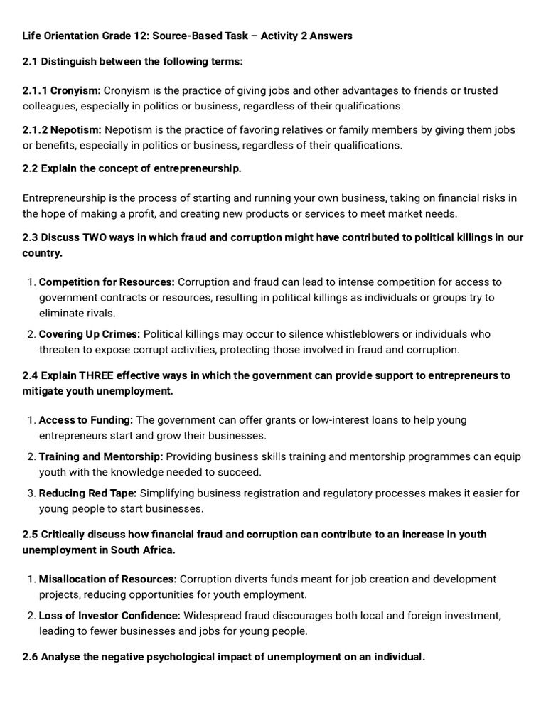 Grade 12 Activity 2 Life English Memo | PDF | Entrepreneurship ...