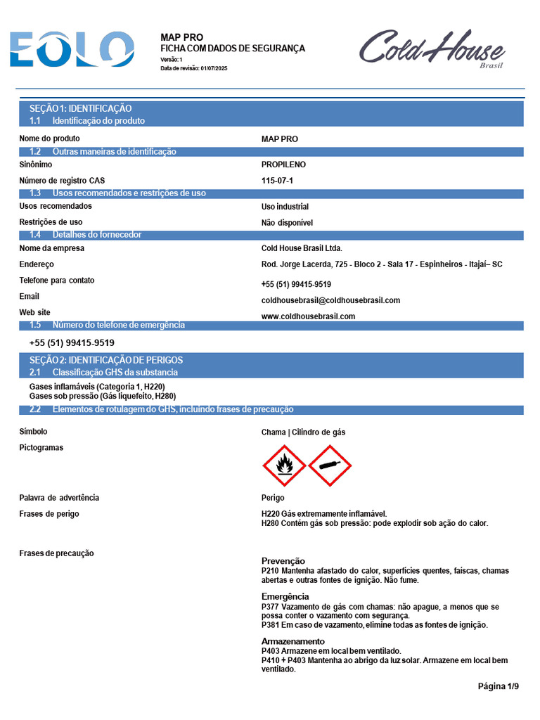 Fds Gas Map-Pro Eolo Brasil - v1 - Rev0 | PDF | Incêndios | Combustão