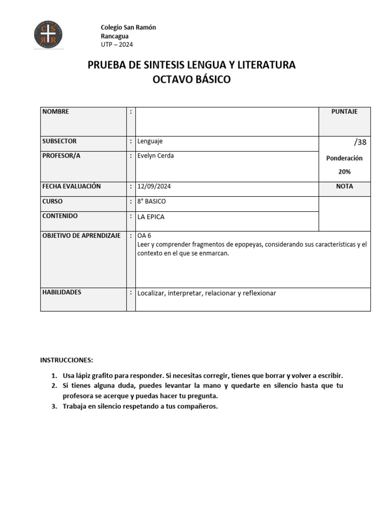 Prueba lengua octavo basico para estudiantes de | PDF | Poesía épica ...