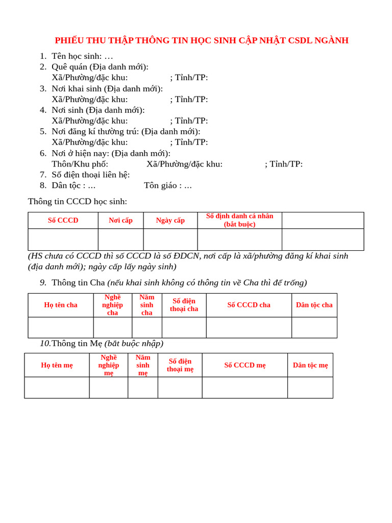 Phieu Thong Tin Hoc Sinh | PDF
