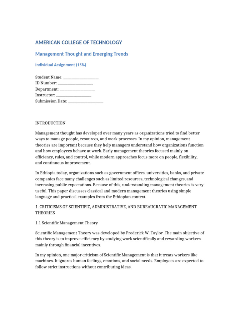 Management Thought Individual Assignment | PDF | Bureaucracy | Leadership