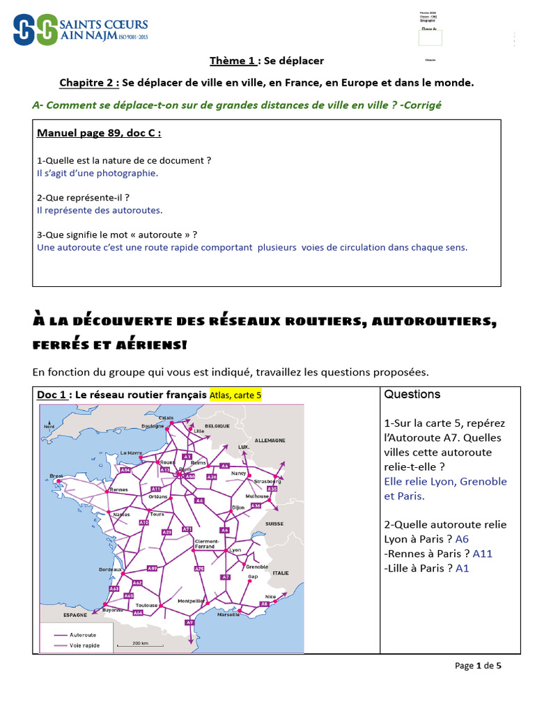 CM2 Geo Th1 CH2 Partie A Corrigé | PDF | Autoroute | Voitures