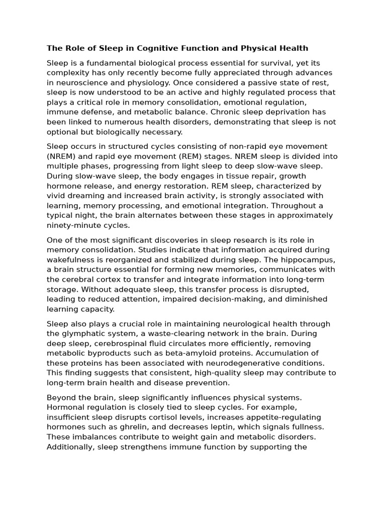The Role of Sleep in Cognitive Function and Physical Health | PDF ...