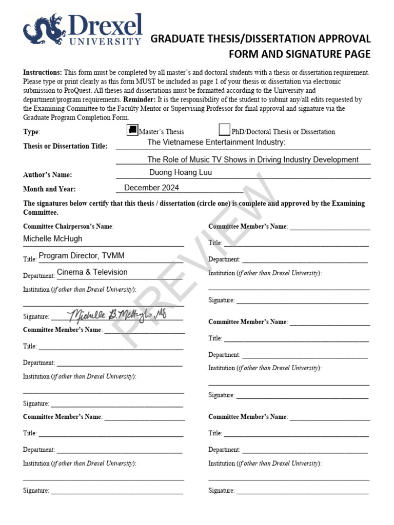 Preview: Graduate Thesis/Dissertation Approval Form and Signature Page ...