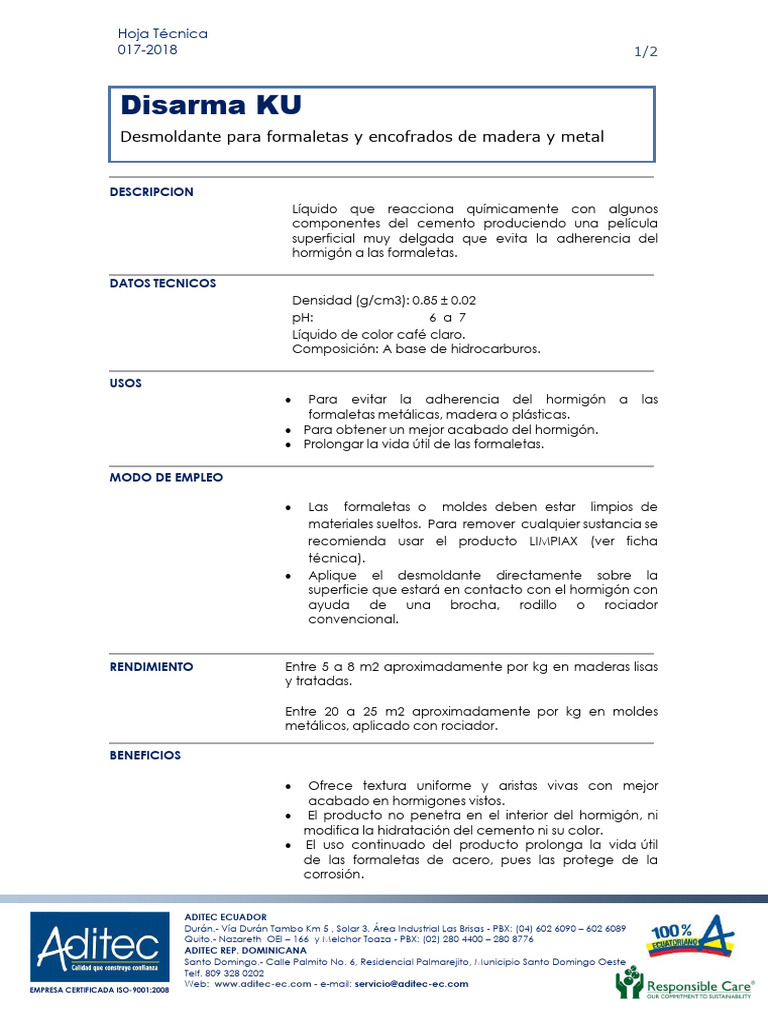 Ficha Tecnica Disarma Ku | PDF | Hormigón | Cemento