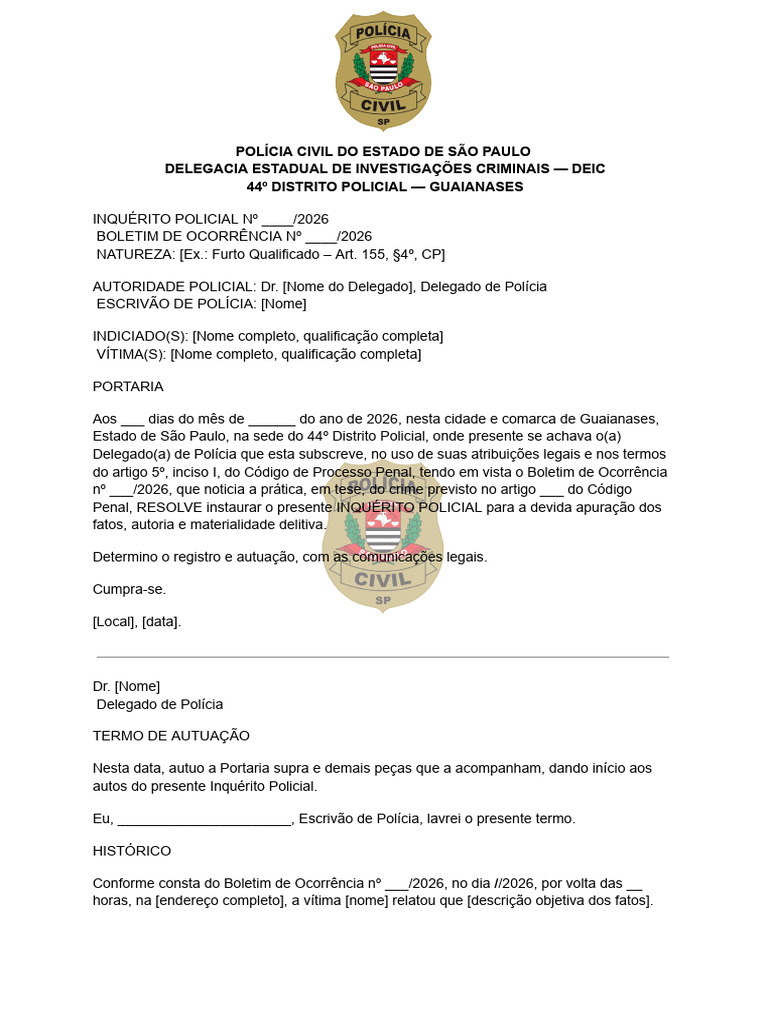 Modelo para Inquérito | PDF | Polícia | Crime e Violência