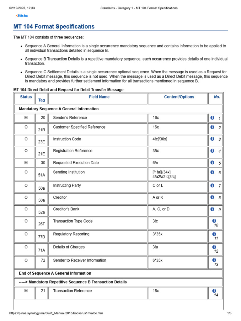 Standards - Category 1 - MT 104 Format Specifications | PDF | Computing