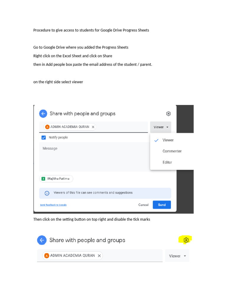 Procedure to Give Access to Students for Google Drive Progress Sheets | PDF