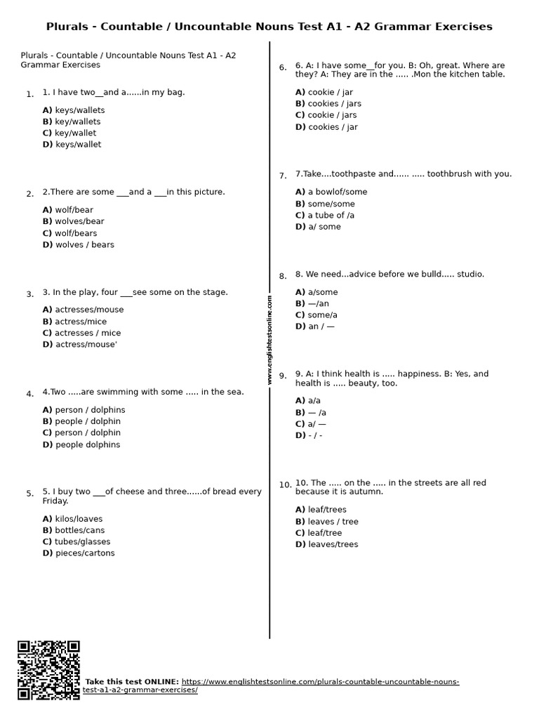 444 Plurals Countable Uncountable Nouns Test A1 A2 Grammar Exercises ...