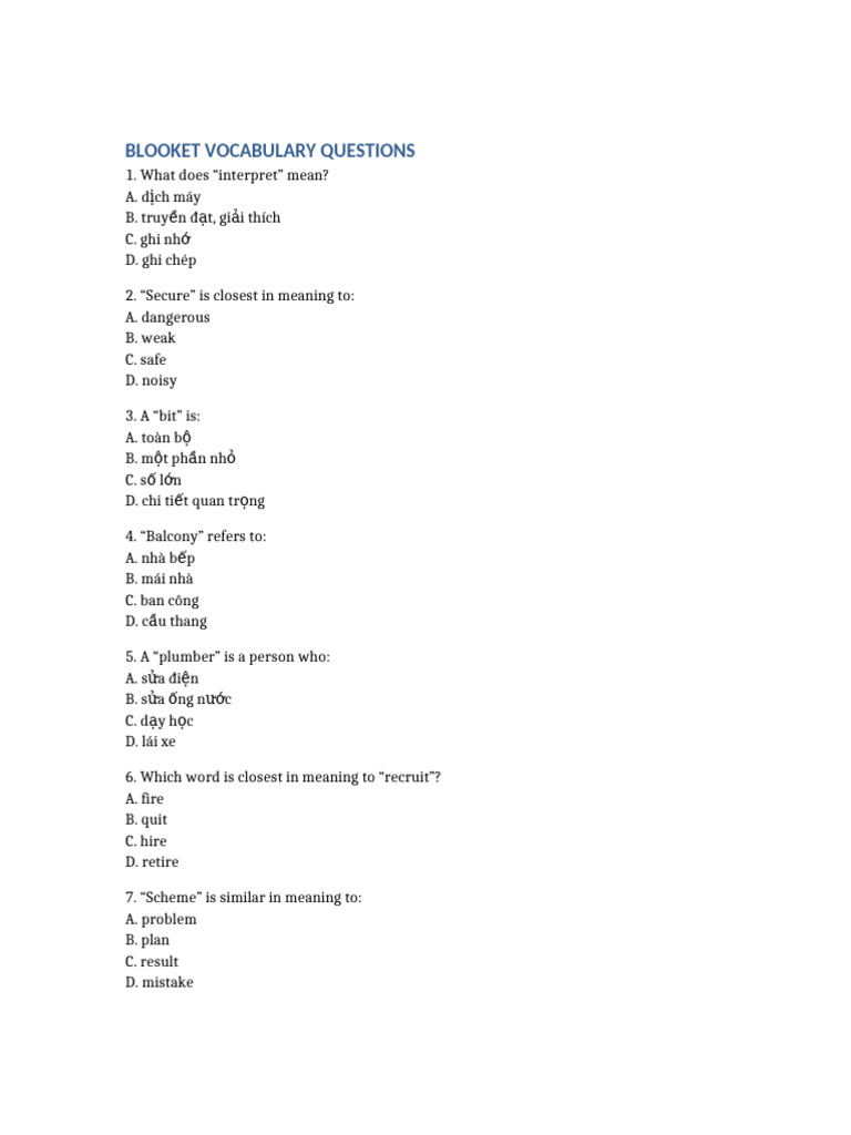Blooket Vocabulary Questions | PDF