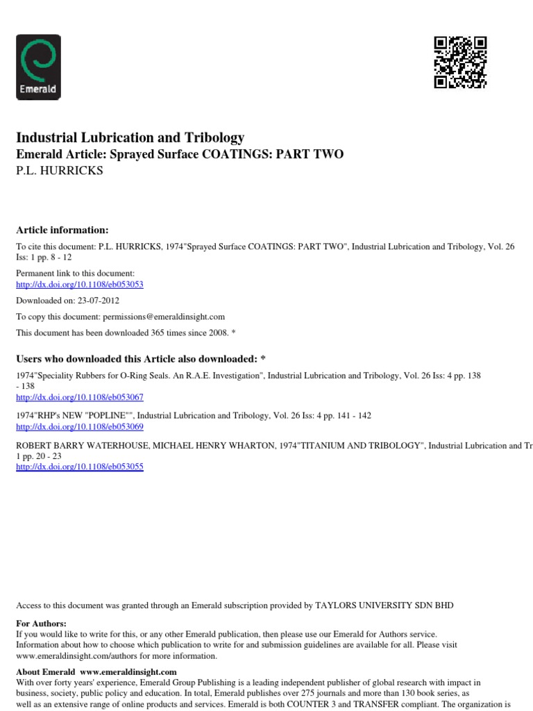 Industrial Lubrication and Tribology Emerald Article Sprayed Surface