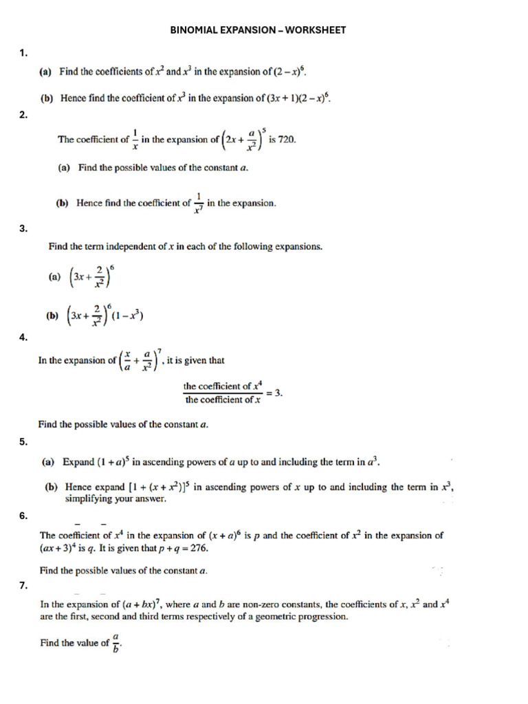 Binomial Expansion WS | PDF