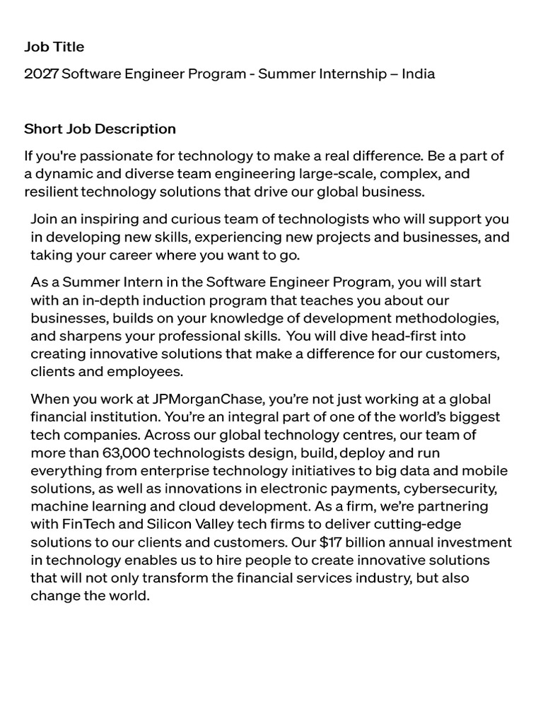 2027 Software Engineer Program - Summer Internship - Job Description | PDF