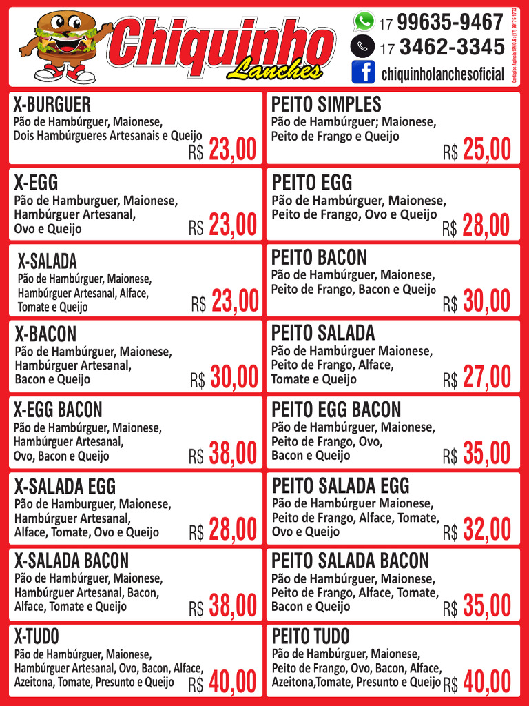 Cardápio Chiquinho | PDF | Hambúrgueres | Cachorro-quente