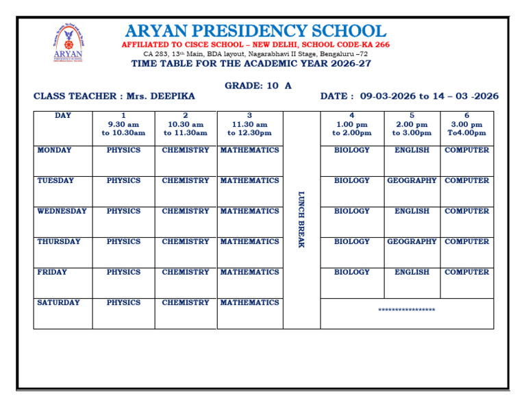 Grade 10 Time Table 26 27 | PDF