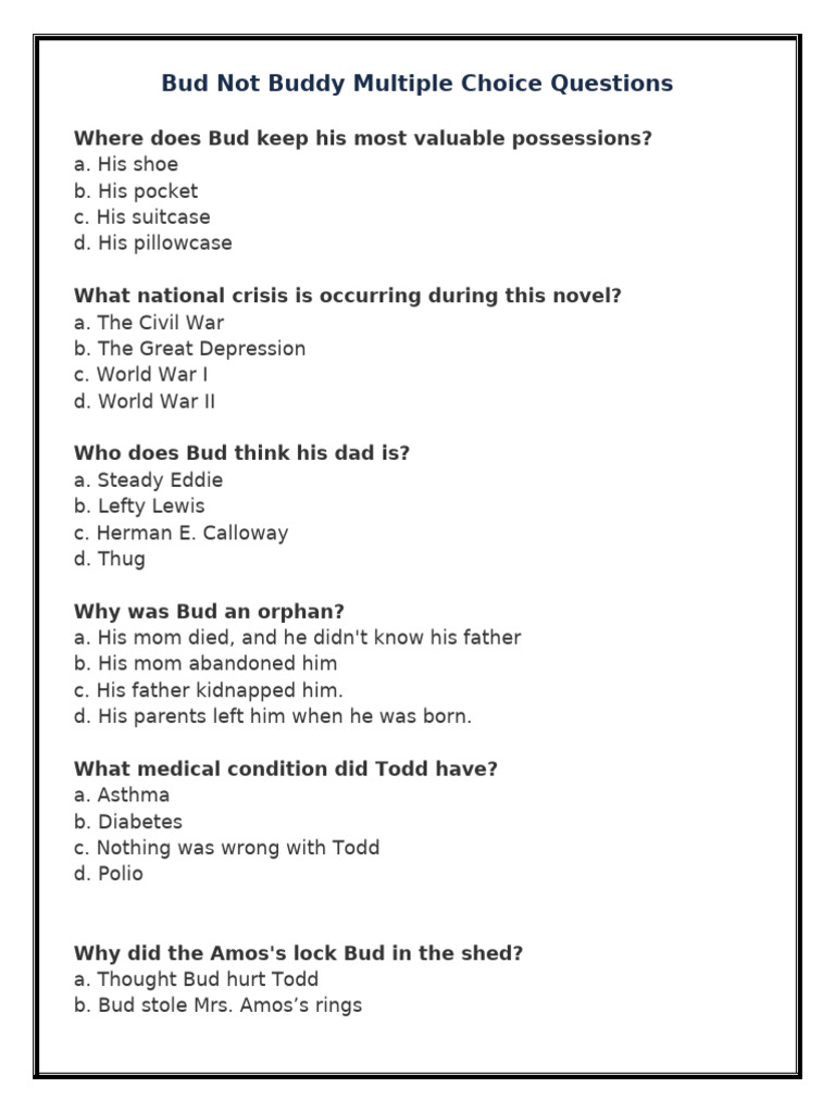 Bud Not Buddy Multiple Choice Test | PDF