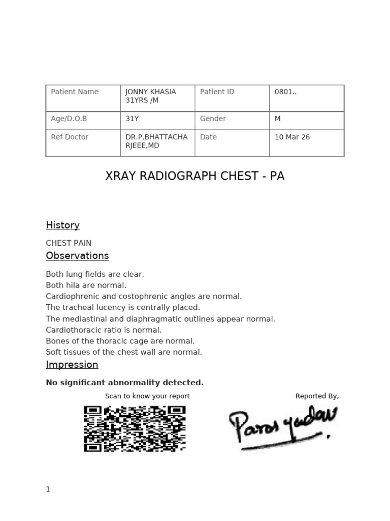 Jonny Khasia 31yrs M Xray Radiograph Chest - Pa | PDF