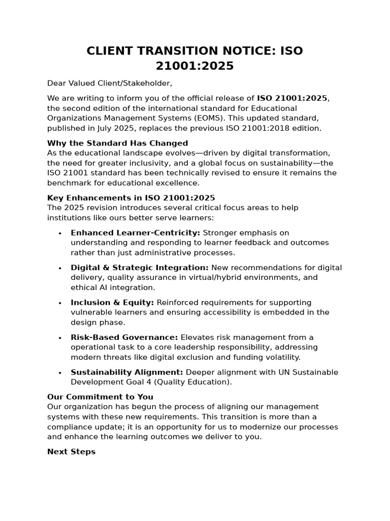 Client Transition Notice | PDF | Sustainability | Learning