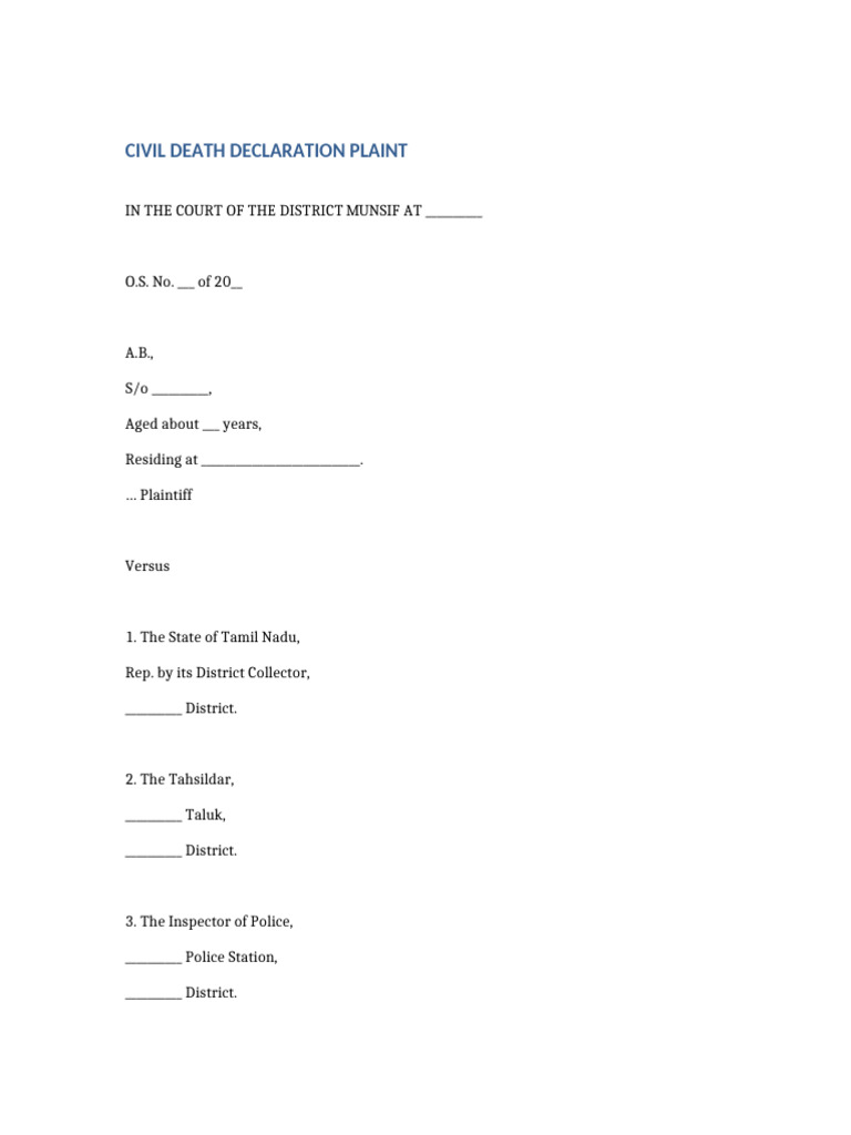 Civil Death Declaration Plaint Tamil Nadu | PDF | Public Law | Justice