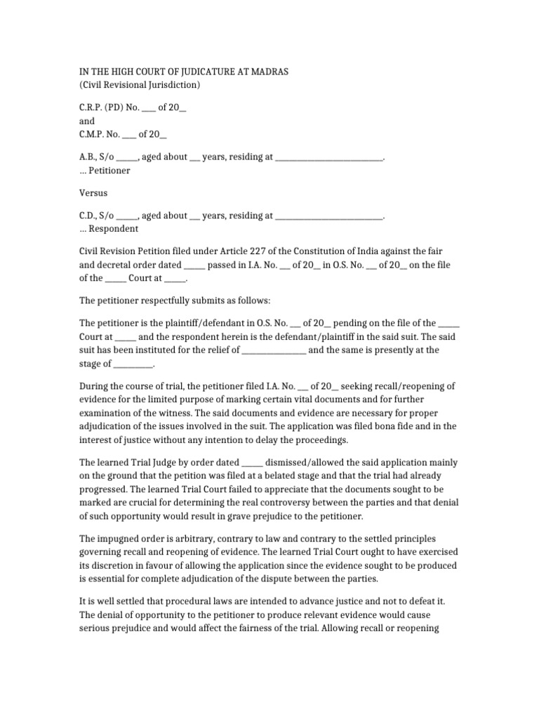 CRP Madras High Court Format | PDF | Lawsuit | Trials