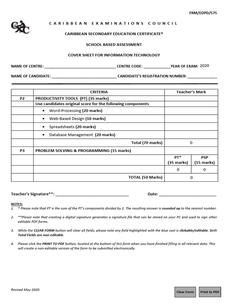 CSEC InfoTech CoverSheetForESBA Fillable May2020 | PDF | Software ...