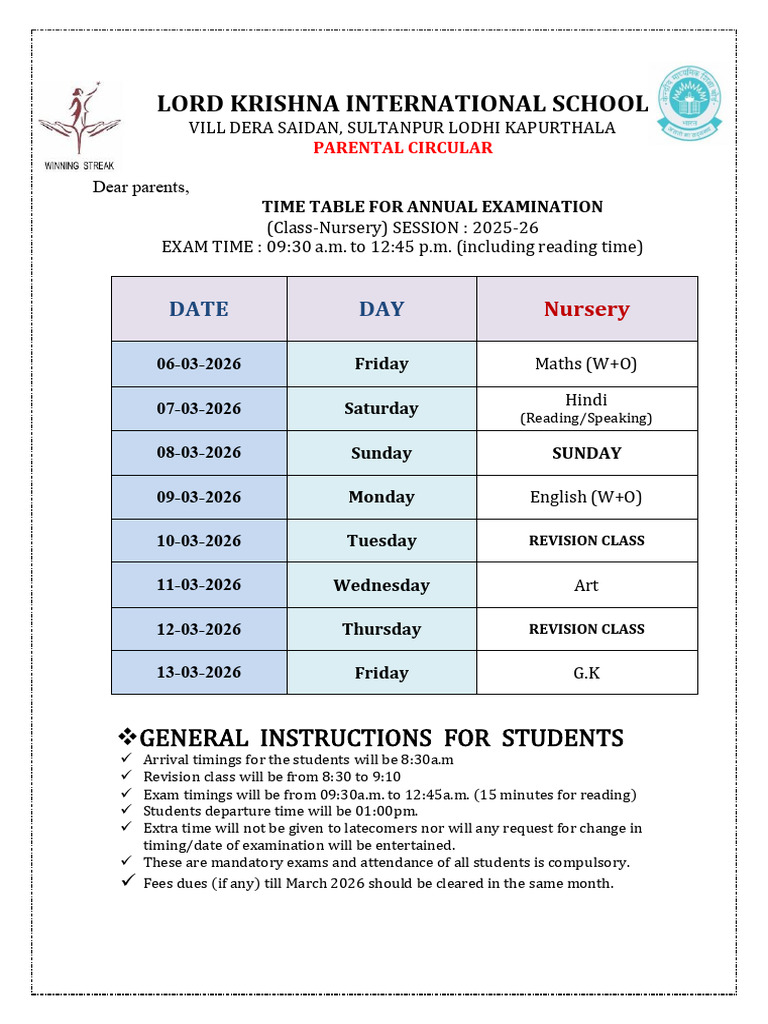 Annual Exam Date Sheet LKIS ? 2025-26 | PDF