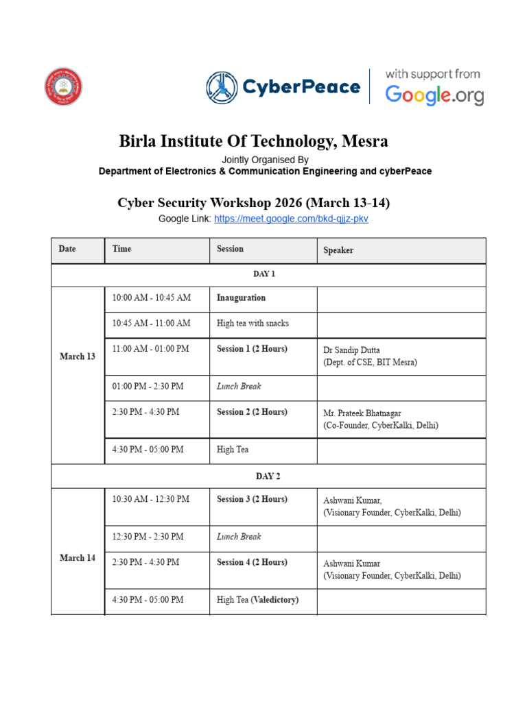 Cyber Security Workshop 2026 Schedule (March 13-14) | PDF