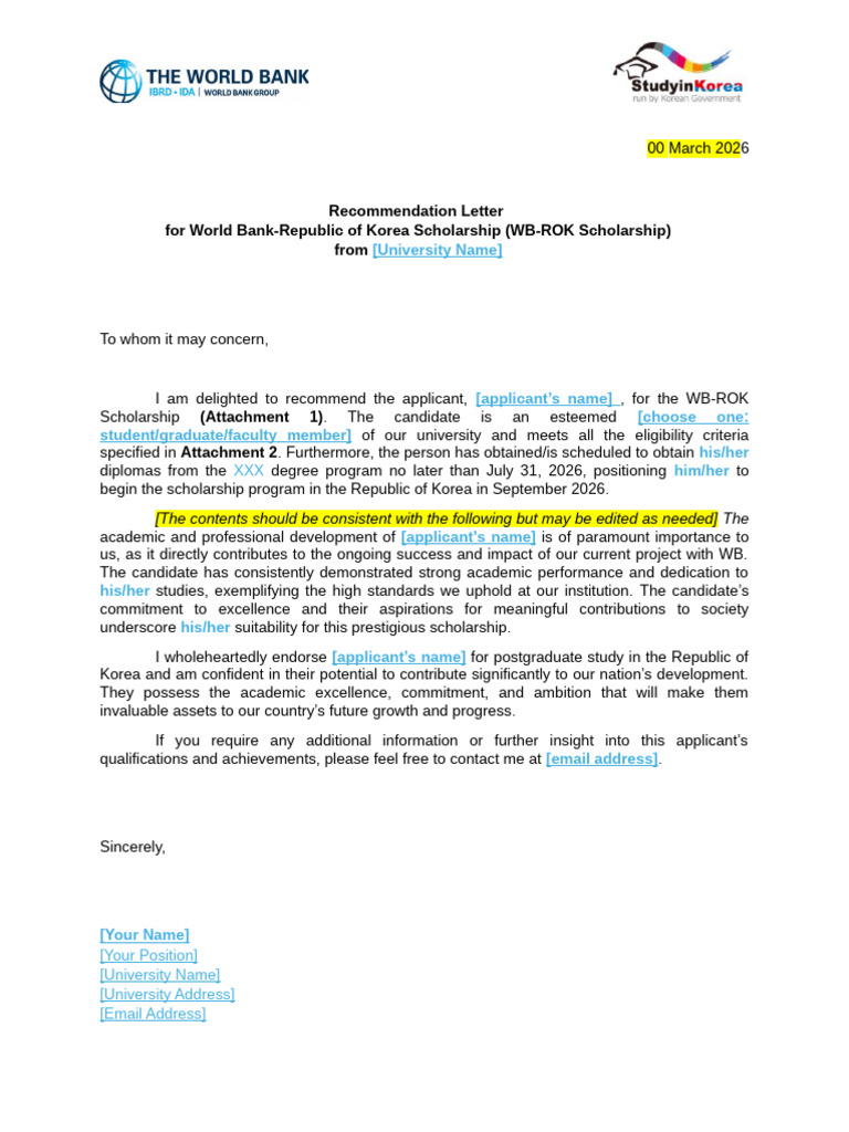 Recommendation Letter Template (To Be Provided To WB-ROK Applicants ...