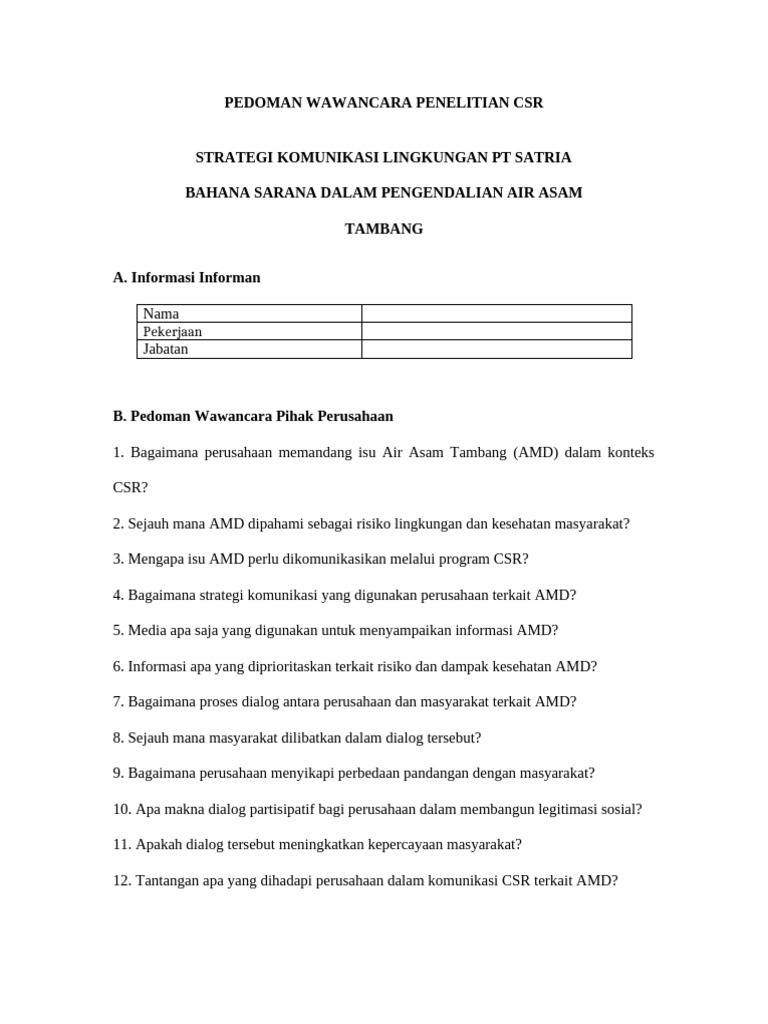 Draf Pedoman Wawancara CSR AMD | PDF