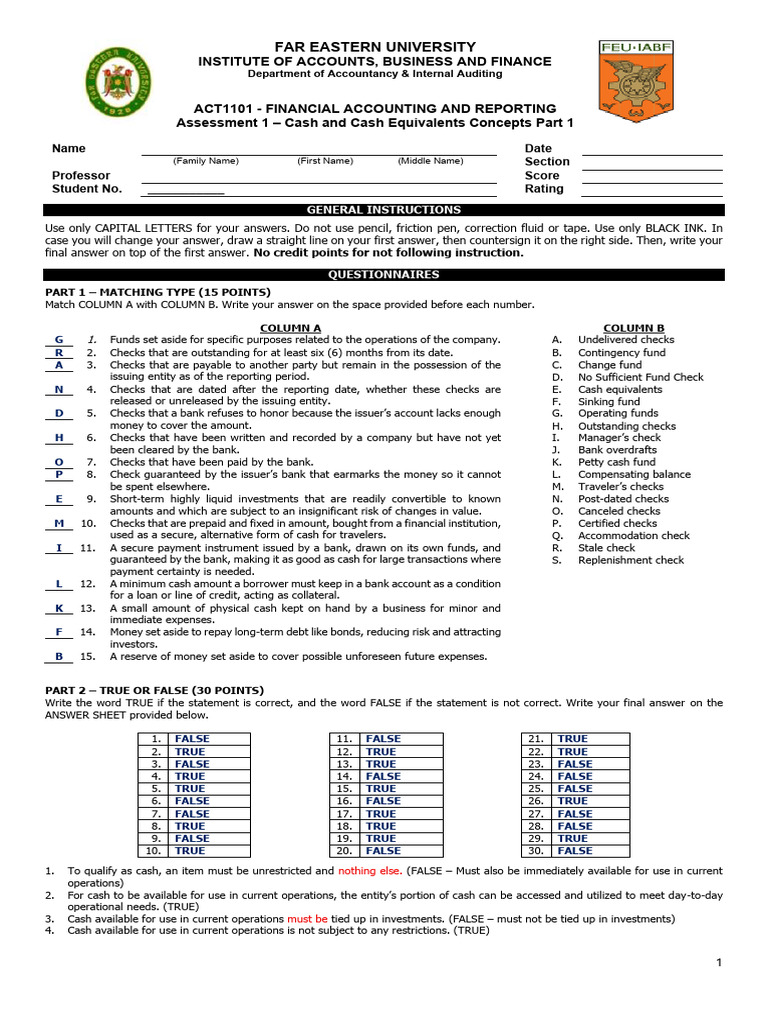 PAP Assessment 1 SET 1 K Cash and Cash Equivalents | PDF | Banks ...