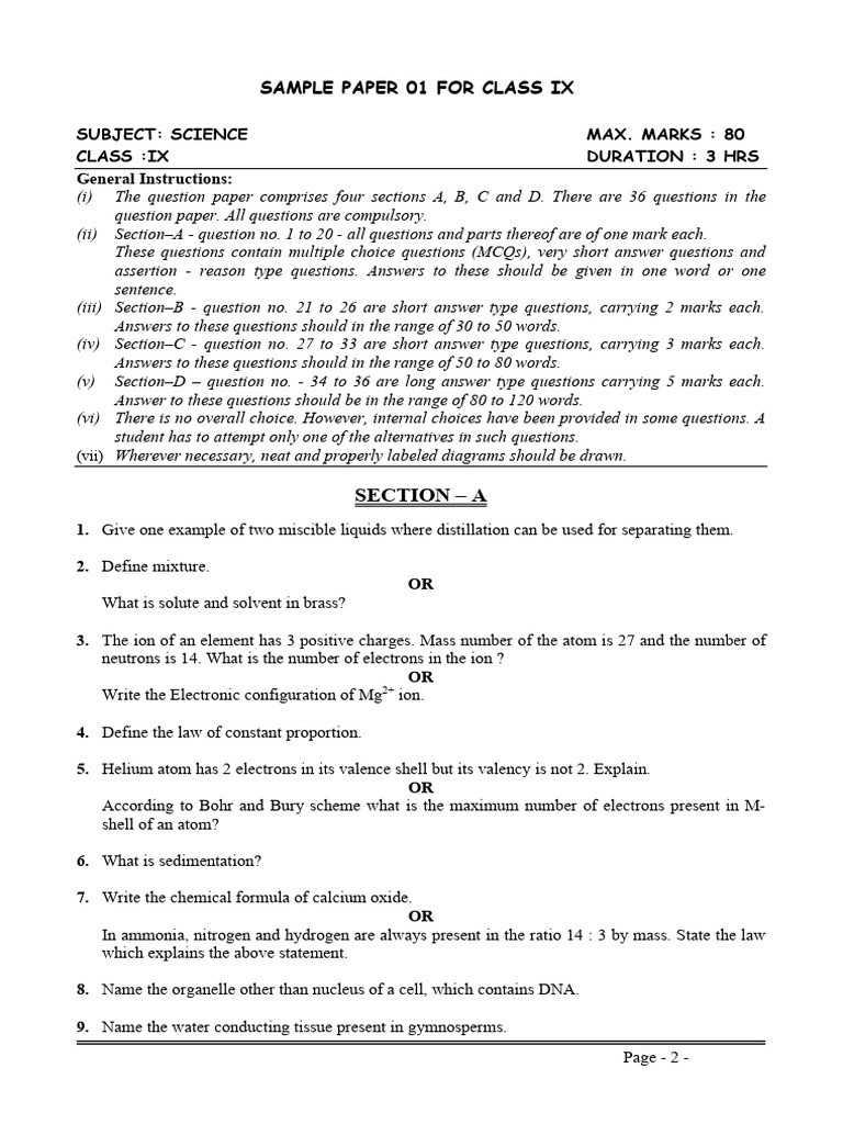 Science - Sample Paper - 01 | PDF | Cell (Biology) | Atoms