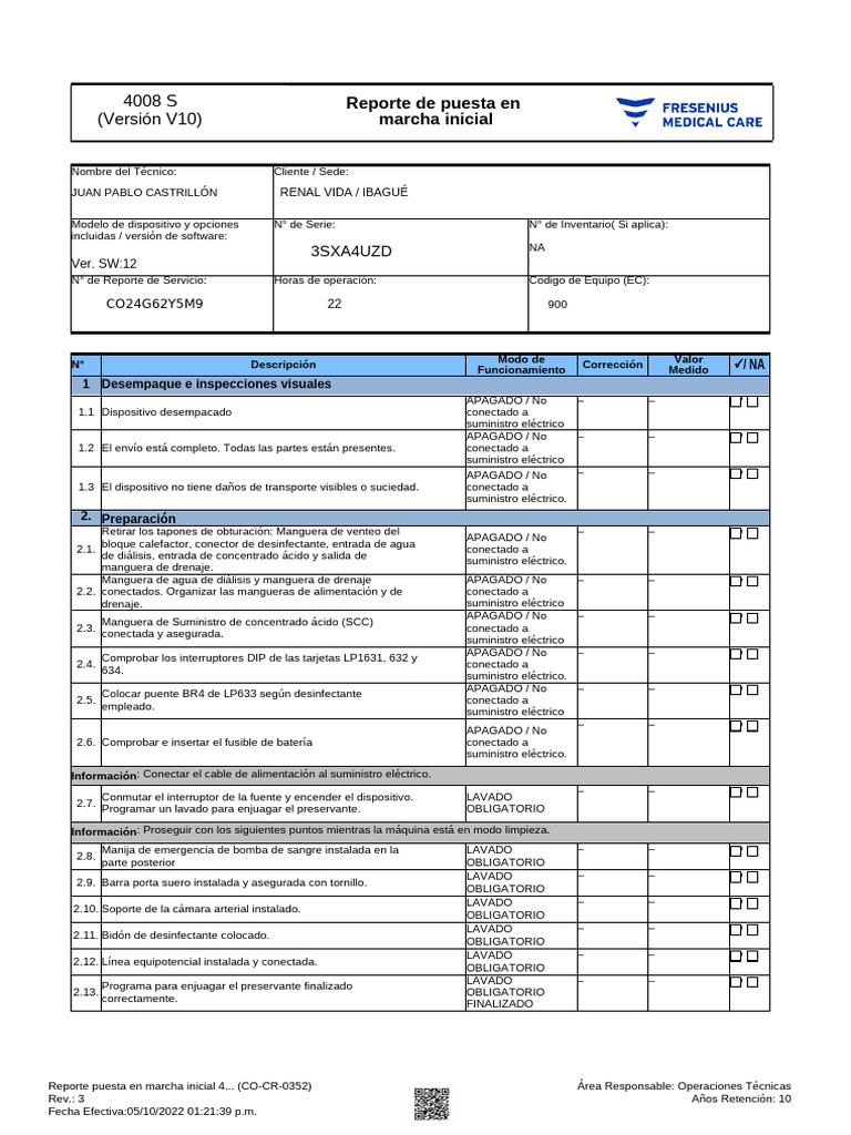 Co Cr 0352 Rev03 Reporte Puesta en Marcha Inicial 4008sv10 (1) | PDF ...