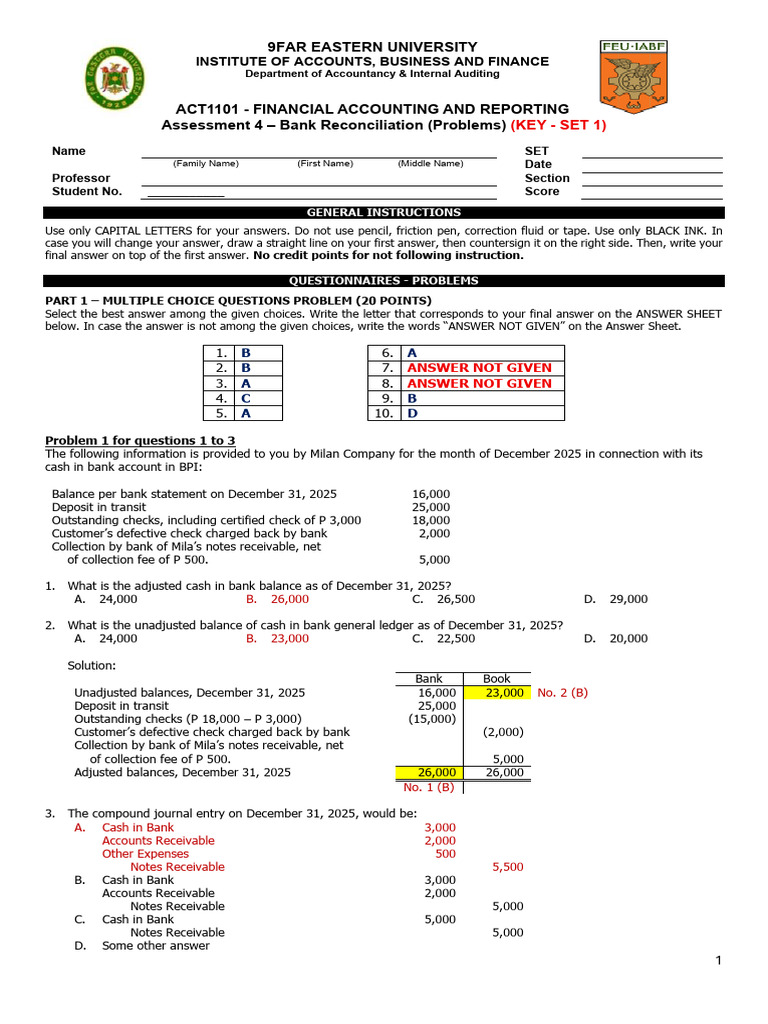Assessment 4 SET 1 KEY Bank Reconciliation Problems | PDF | Banks ...