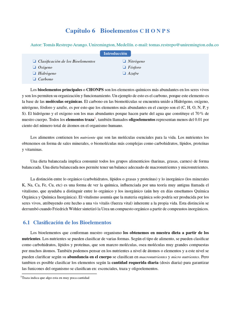 Capitulo 6 Bioelementos CHONPS | PDF | Nutrientes | Respiración celular