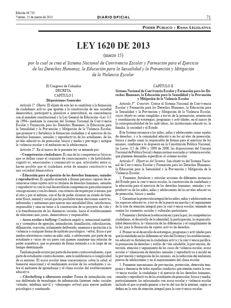 Ley 1620 de 2013 (Sistema Nacional de Convivencia Escolar) | PDF ...