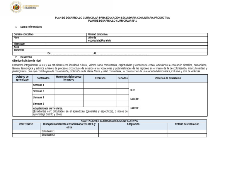 Plantilla para Elaborar El Plan de Desarrollo Curricular (PDC) | PDF ...